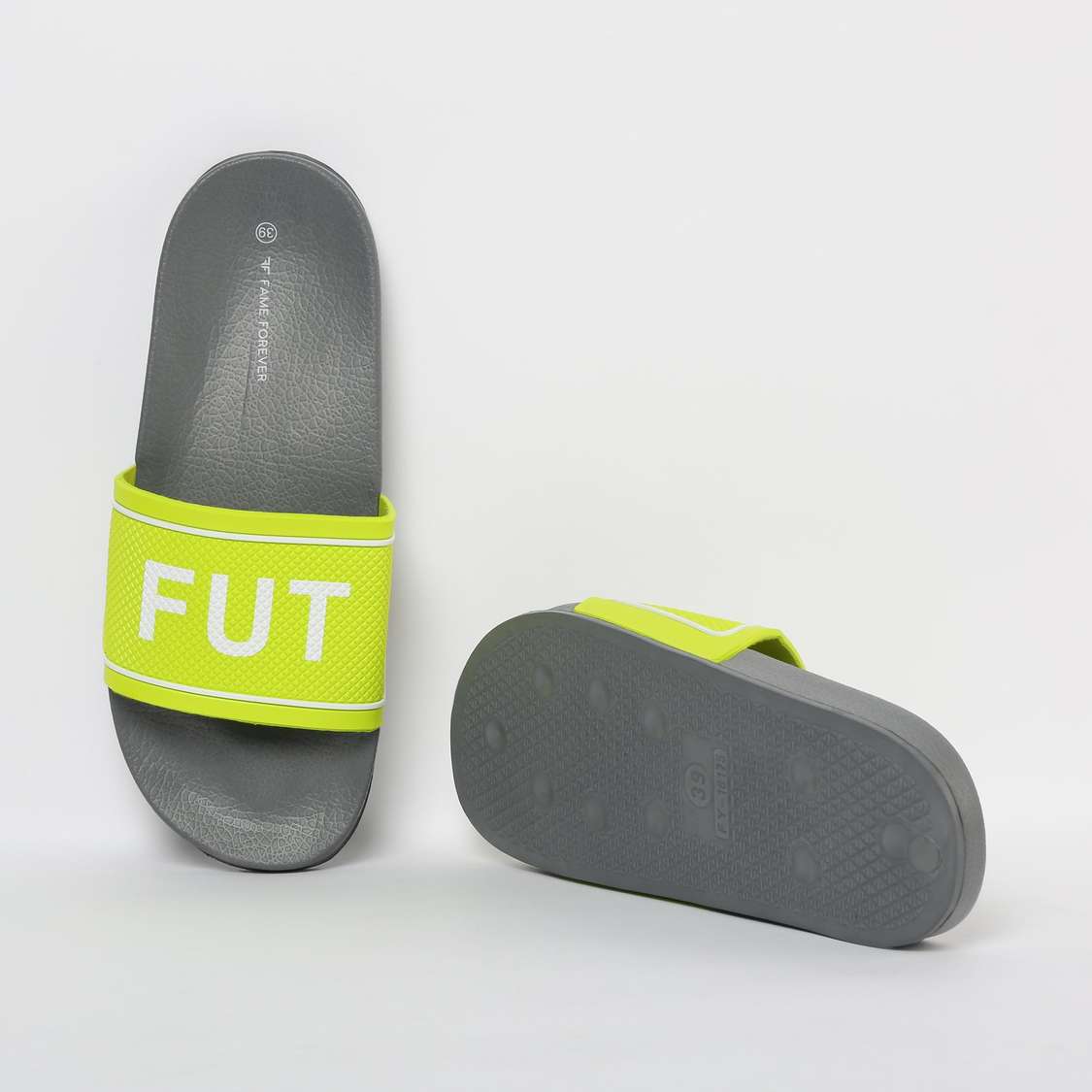 FAME FOREVER Typographic Print Textured Slippers