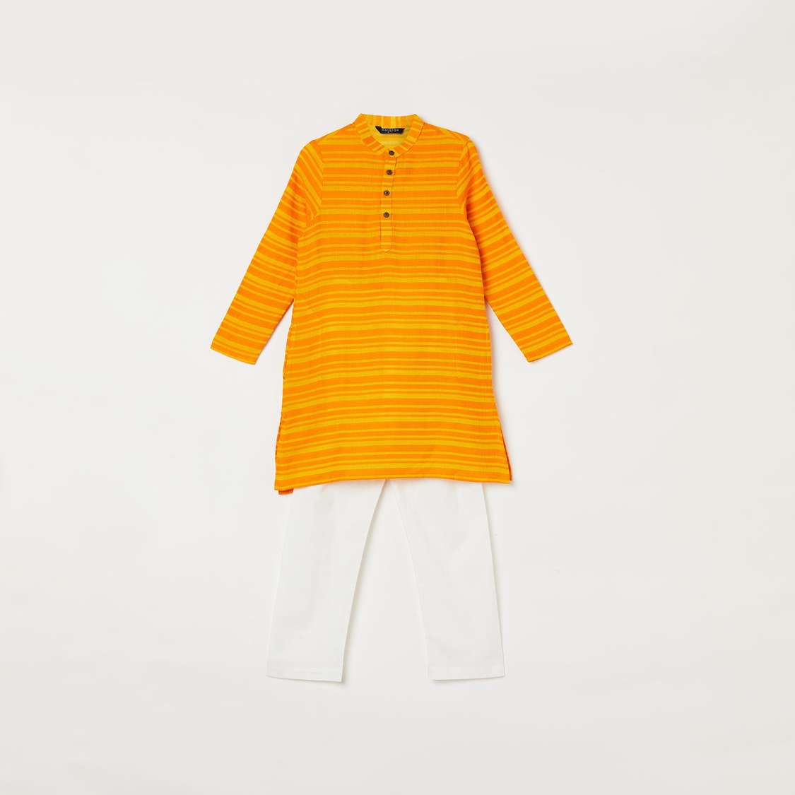MELANGE Boys Striped Band Collar Kurta with Elasticated Waist Pyjamas