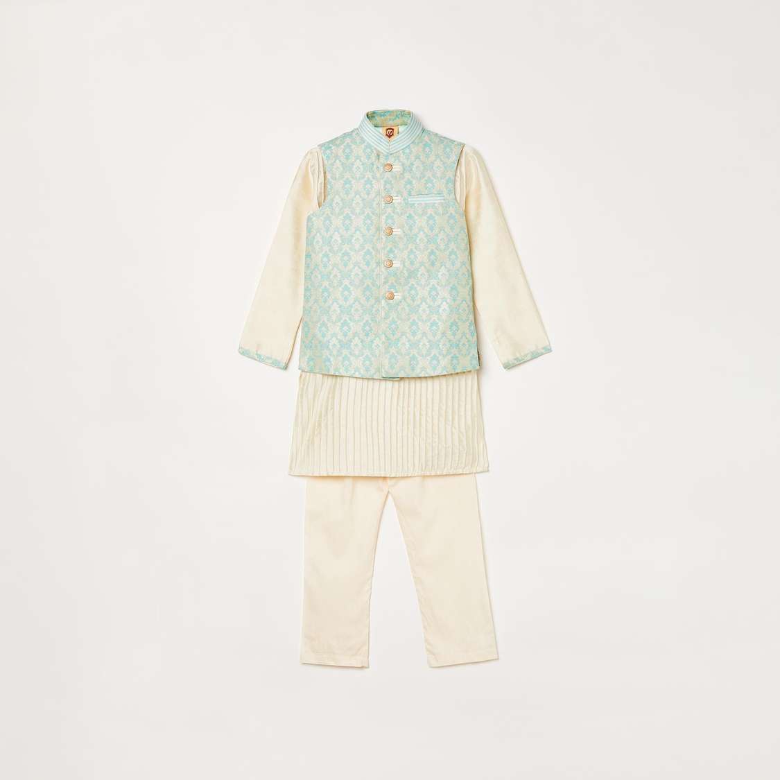 MANYAVAR Textured Kurta with Pyjama and Printed Waistcoat