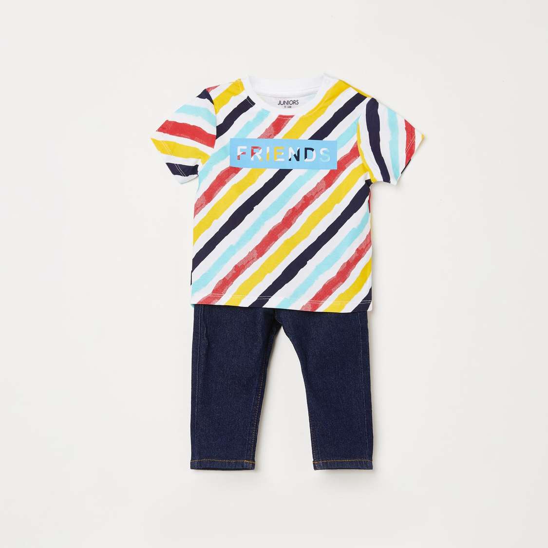 JUNORS Boys Printed Crew Neck T-shirt with Drawstring Waist Jeans