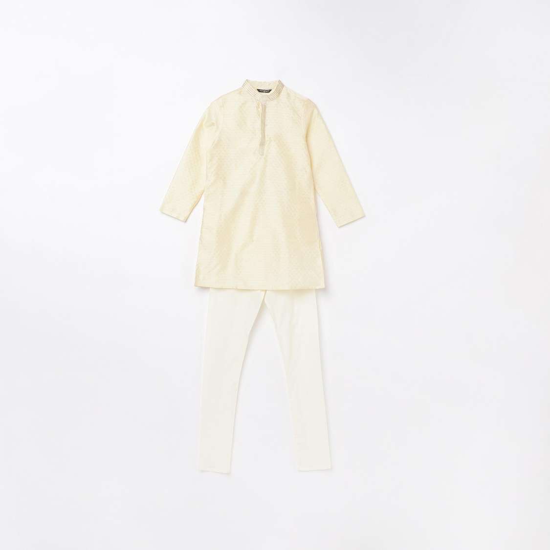 MELANGE Textured Band Collar Kurta with Elasticated Waist Pyjamas