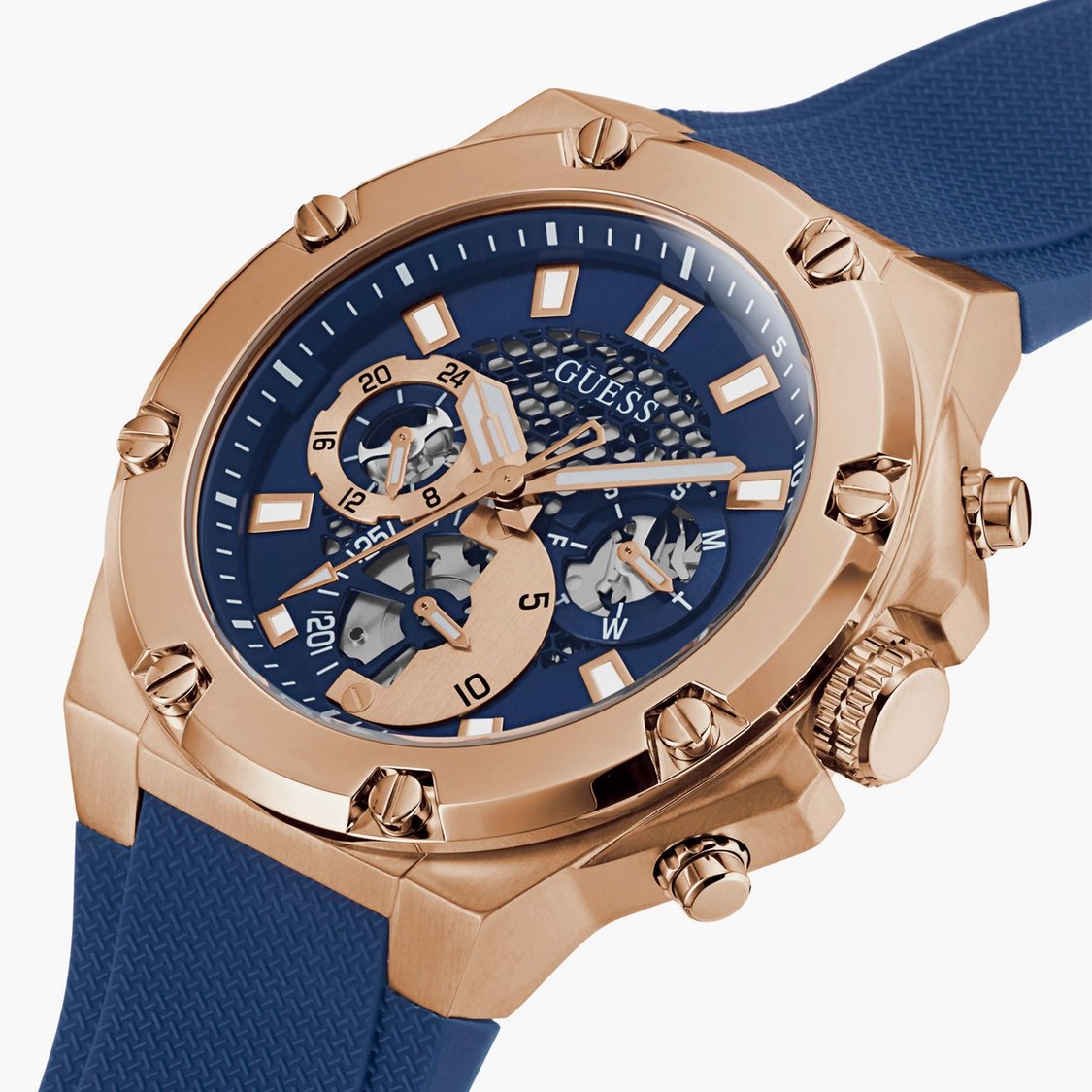 Rose Gold Watch Guess Watch Blue Leather Strap Guess Rose Gold