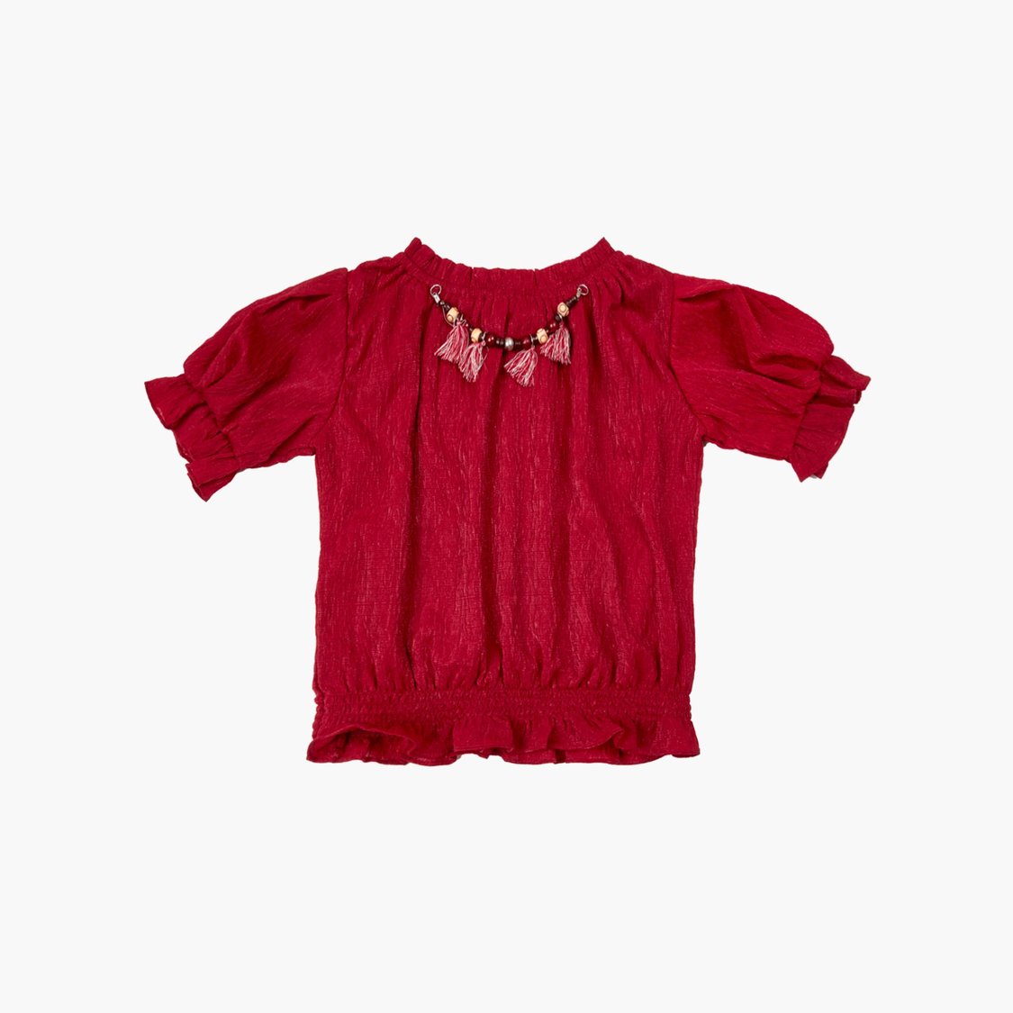 PEPPERMINT Girls Textured Puffed Sleeve Top with Detachable Necklace