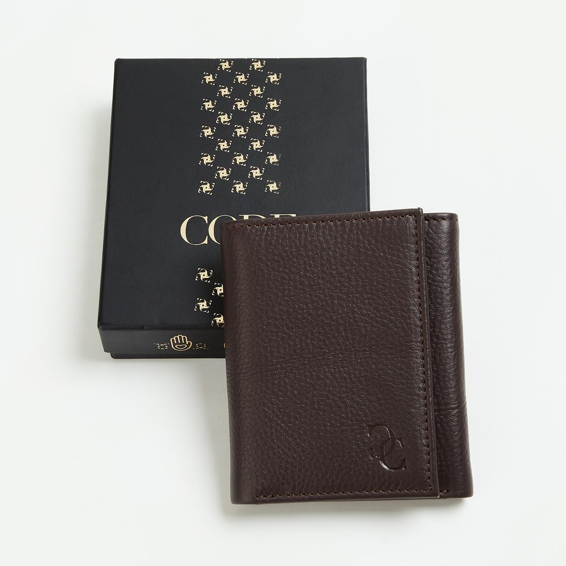 CODE Men Solid Leather Tri-Fold Wallet