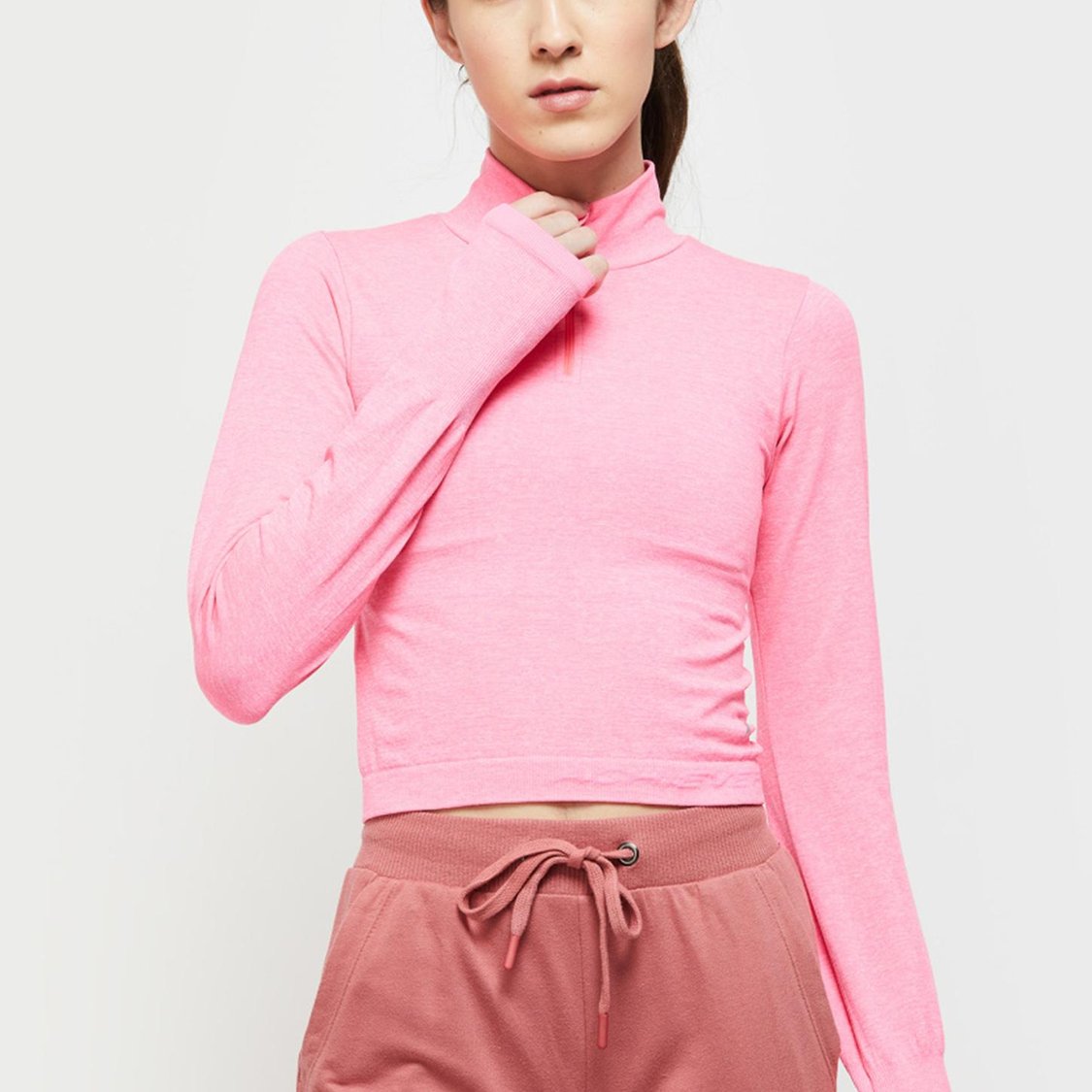 Women Solid Full Sleeves High Neck Crop Top