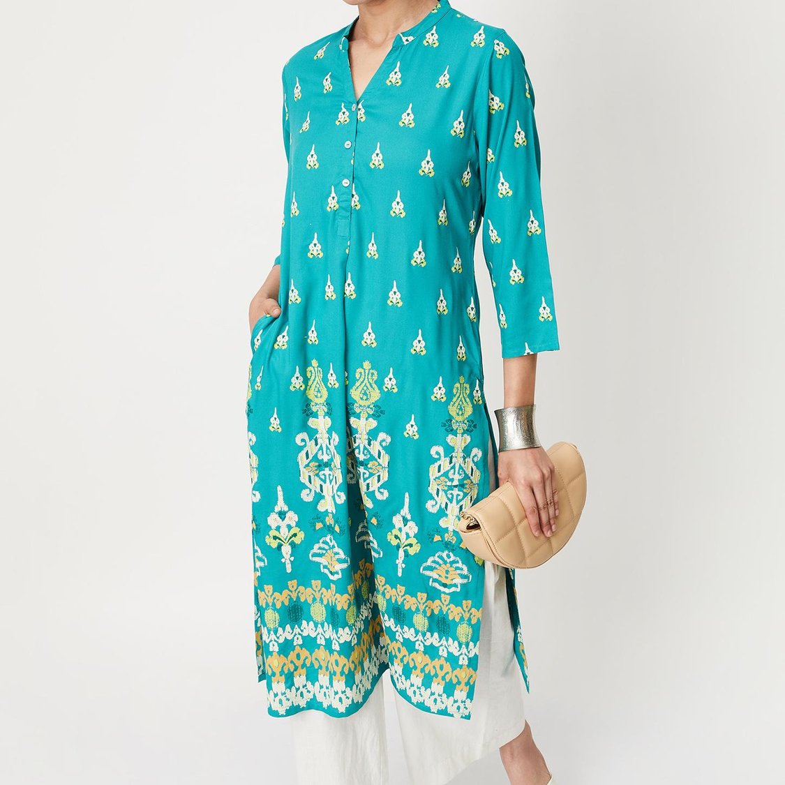 Women All-Over Printed Band Collar Straight Kurta
