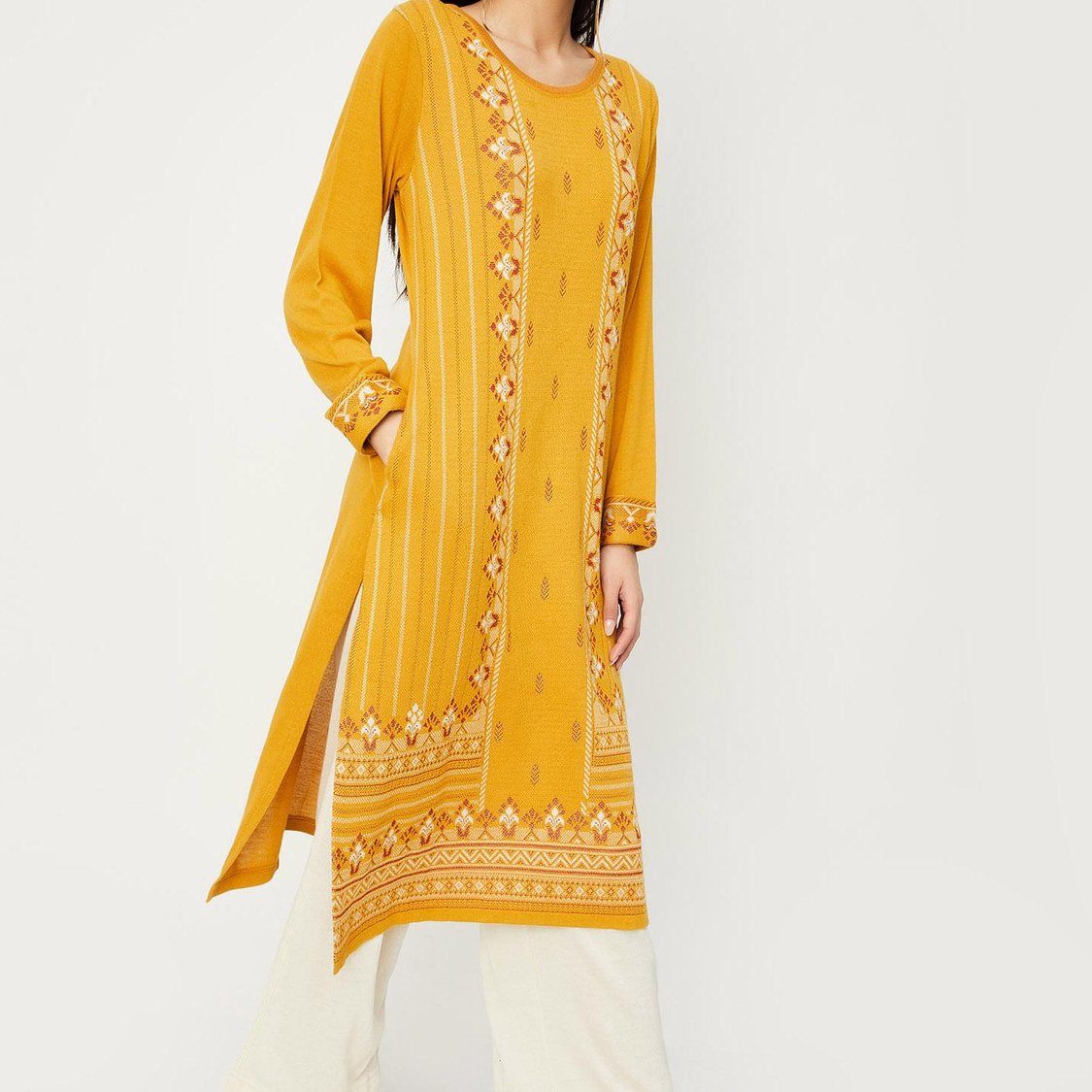 Women Jacquard Winter Kurta with Pocket