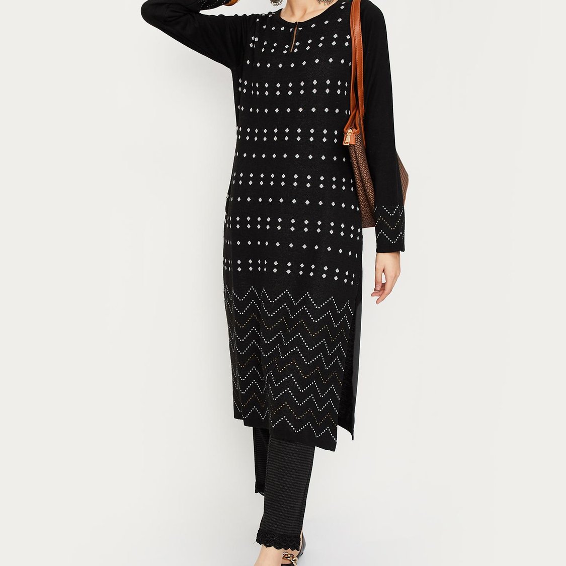 Women Jacquard Keyhole Neck Winter Kurta