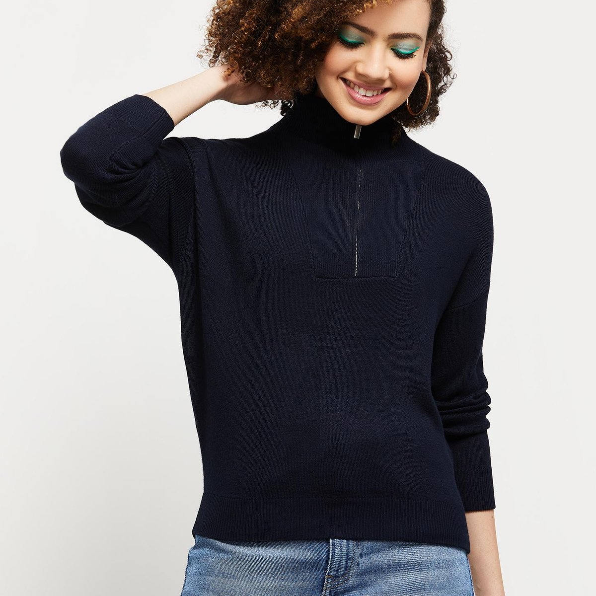 Buy Women Solid High Neck Zip Closure Sweater Online at just Rs