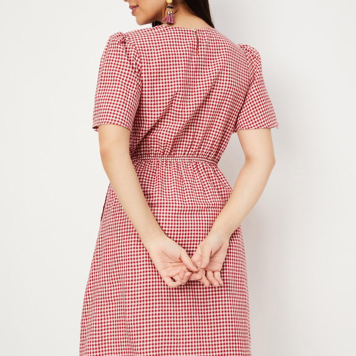 Buy Women Gingham Checked Cut-Out Dress Online at just Rs. 999.0
