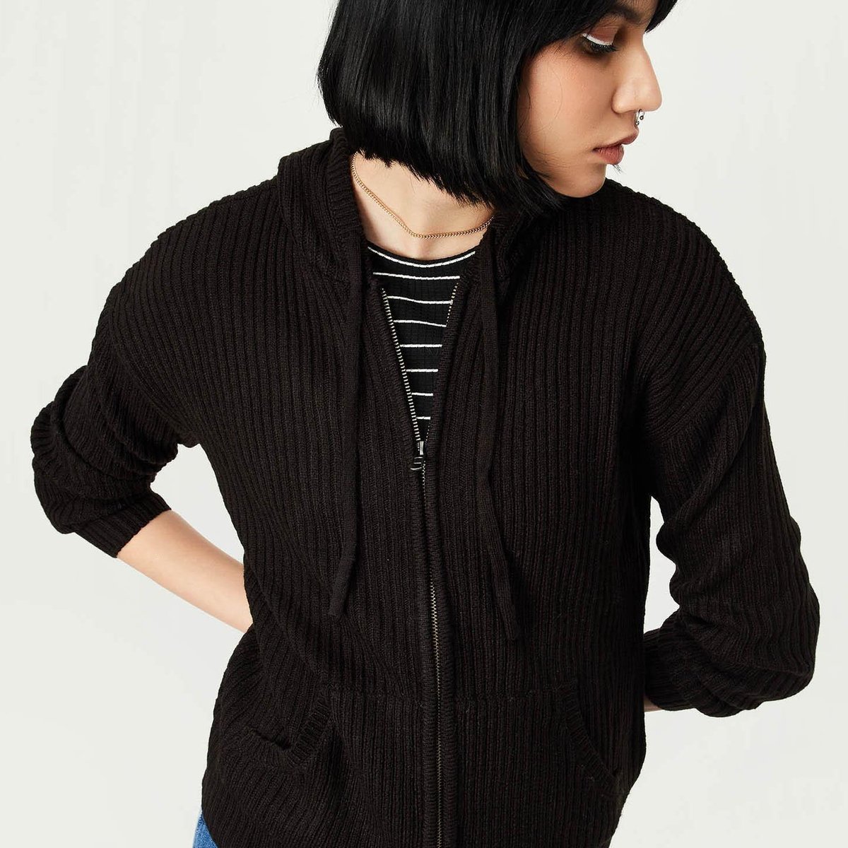 Buy Women Ribbed Hooded Sweater Online at just Rs. 1199.0