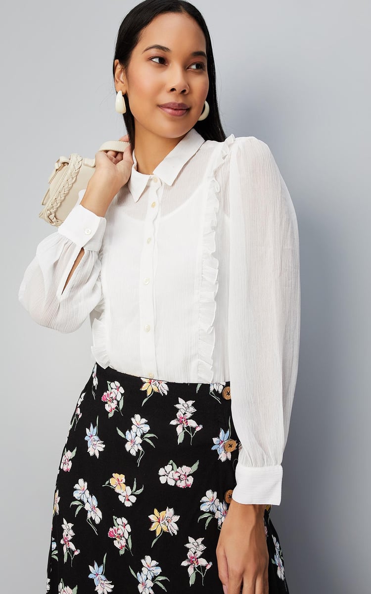 mare　Sheer Docking French Sleeve Blouse Buy Women Sheer Ruffled Top Online at just Rs. 899.0