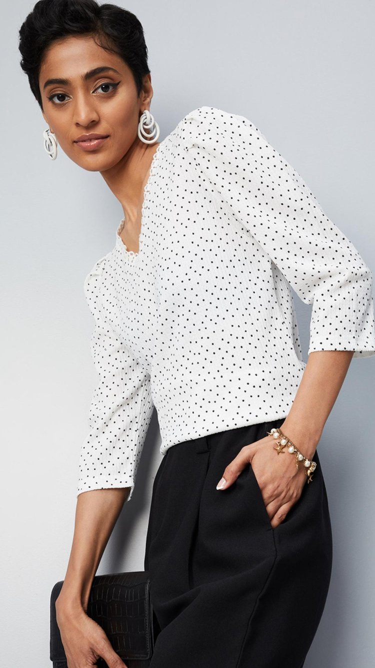 トップス room306 Random Dot Volume Tops Buy Women Polka Dot Top with Lace Trim Online at just Rs. 899.0