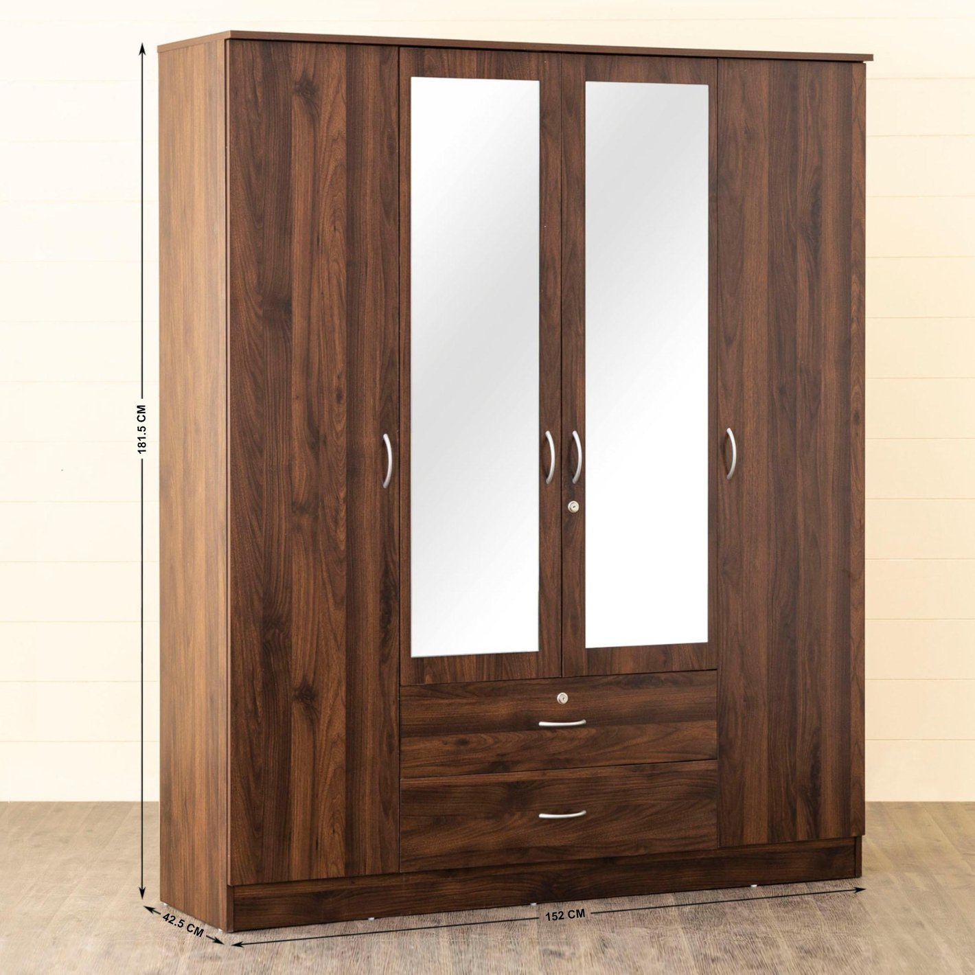AVIRA |Wardrobe with Mirror, Hinged | 4 Door, 2 Drawer & Dual Color