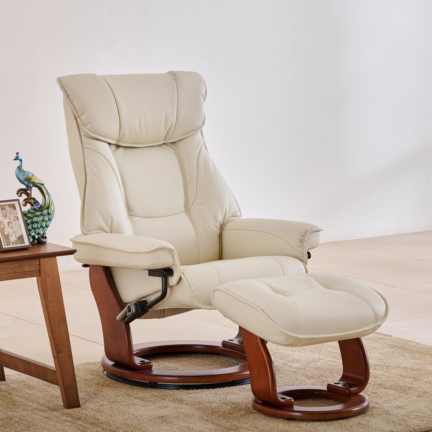 Silas Vanilla Faux Leather 1-Seater Revolving Recliner with Footstool  Off-White