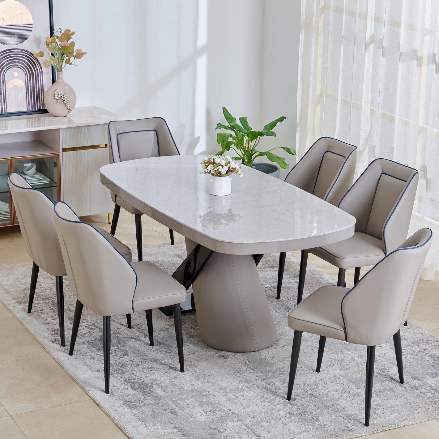 Marcello Glass Top 6-Seater Dining Set with Chairs Grey