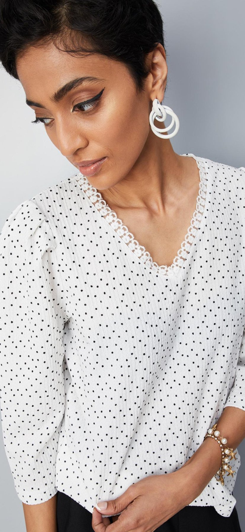 Buy Women Polka Dot Top with Lace Trim Online at just Rs. 899.0