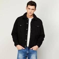 CELIO Men Solid Denim Jacket with Sherpa Collar