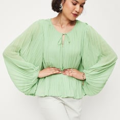 Women Pleated Balloon Sleeve Top | Green | Gathered & Pleated