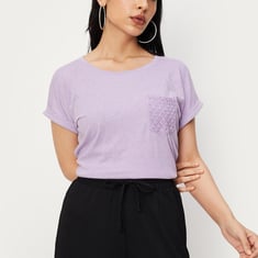 Women Solid T-shirt with Crochet Pocket