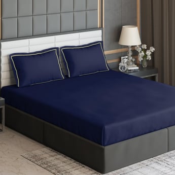 D'DECOR Duet Indigo Blue Solid Cotton Super King Bedsheet Set - 274x274cm - 3Pcs