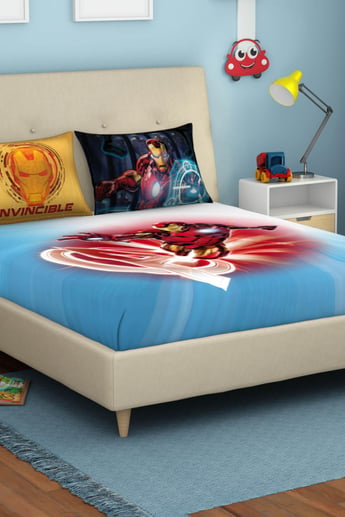 SPACES Marvel Ironman Blue Printed Cotton Double Bedsheet Set-3 Pcs