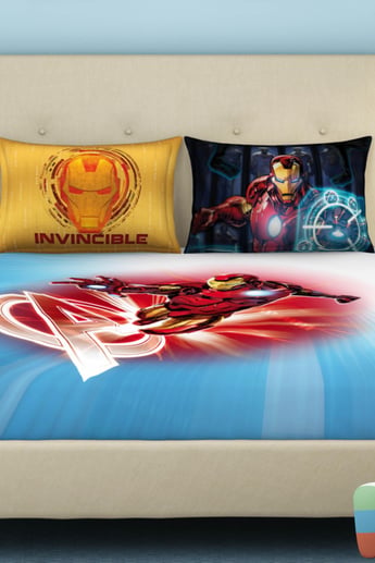 SPACES Marvel Ironman Blue Printed Cotton Double Bedsheet Set-3 Pcs