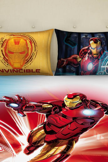 SPACES Marvel Ironman Blue Printed Cotton Double Bedsheet Set-3 Pcs