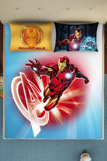 SPACES Marvel Ironman Blue Printed Cotton Double Bedsheet Set-3 Pcs