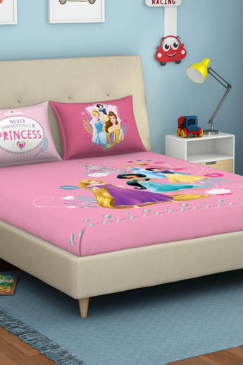 SPACES Disney Princess Pink Printed Cotton Double Bedsheet Set- 3 pcs