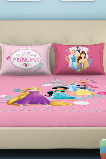 SPACES Disney Princess Pink Printed Cotton Double Bedsheet Set- 3 pcs