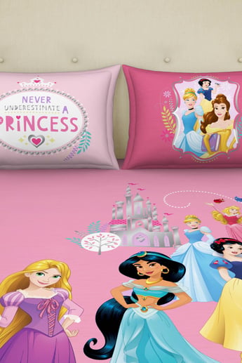 SPACES Disney Princess Pink Printed Cotton Double Bedsheet Set- 3 pcs