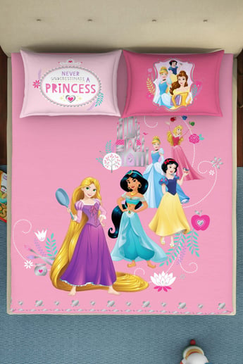 SPACES Disney Princess Pink Printed Cotton Double Bedsheet Set- 3 pcs