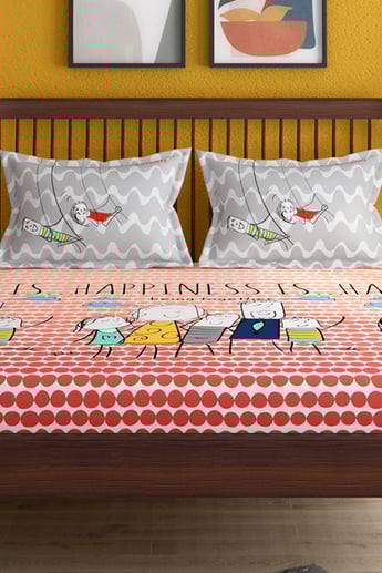 PORTICO Happiness Is Multicolored Printed Cotton Super King Size Bedsheet Set - 274x274cm - 3Pcs