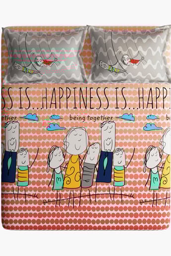 PORTICO Happiness Is Multicolored Printed Cotton Super King Size Bedsheet Set - 274x274cm - 3Pcs