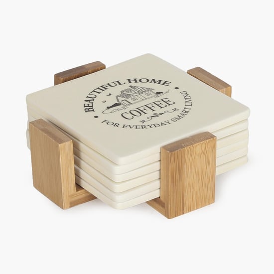 Beautiful Home Ceramic Coaster With Bamboo Tray - Set Of 6