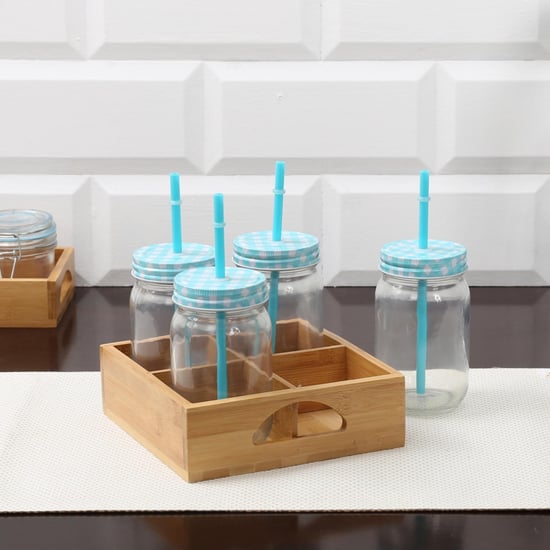 4 Mason Jar With Wooden Stand & Straws Set