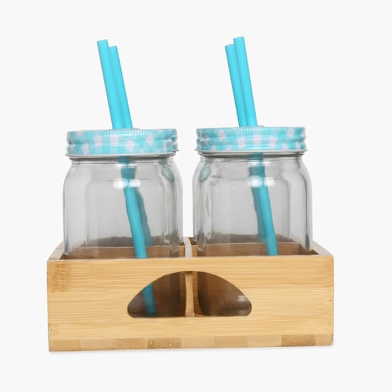 4 Mason Jar With Wooden Stand & Straws Set