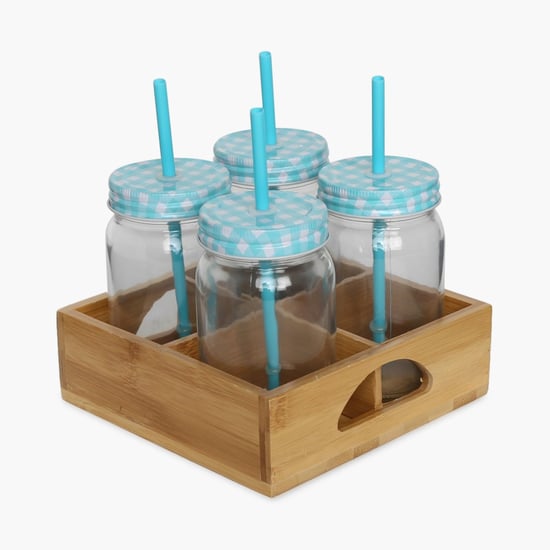 4 Mason Jar With Wooden Stand & Straws Set