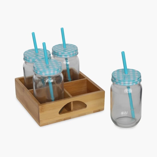4 Mason Jar With Wooden Stand & Straws Set