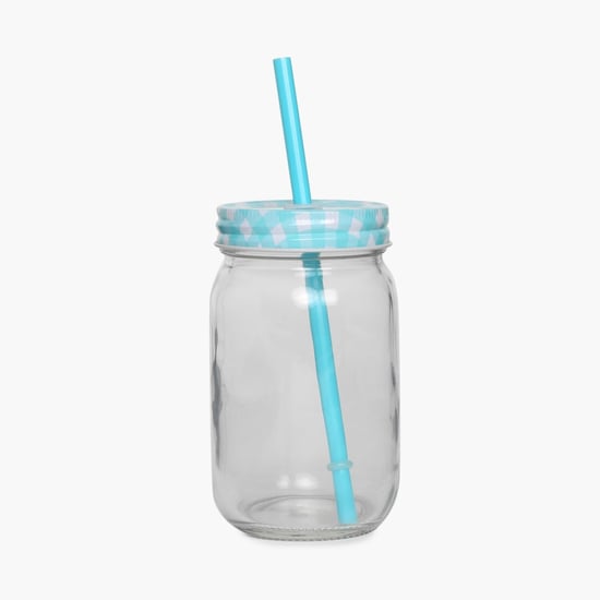 4 Mason Jar With Wooden Stand & Straws Set
