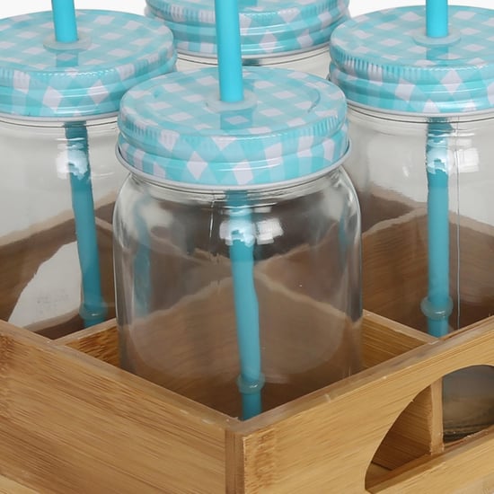 4 Mason Jar With Wooden Stand & Straws Set