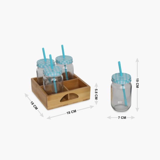 4 Mason Jar With Wooden Stand & Straws Set