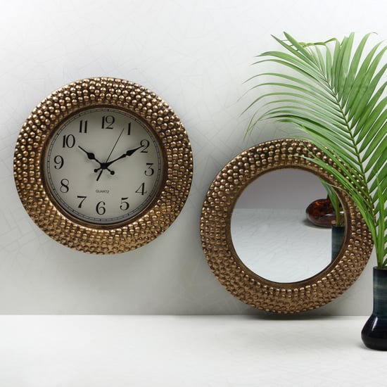 Antique Hammered Wall Clock & Mirror Set