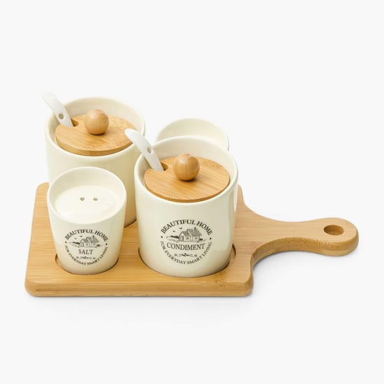 Beautiful Home Ceramic 4-Piece Condiment Set with Bamboo Tray & Spoon