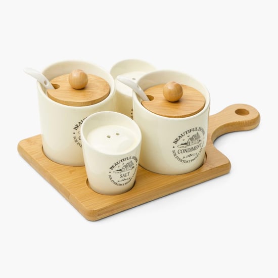 Beautiful Home Ceramic 4-Piece Condiment Set with Bamboo Tray & Spoon