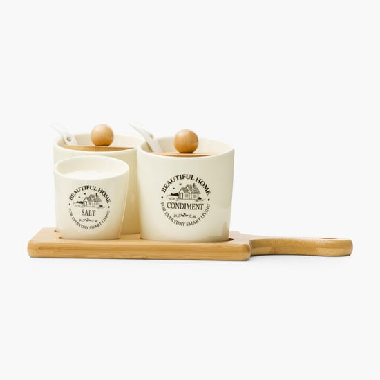 Beautiful Home Ceramic 4-Piece Condiment Set with Bamboo Tray & Spoon