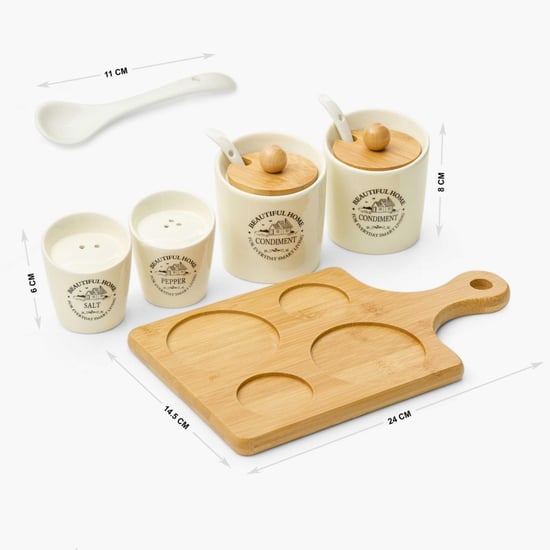 Beautiful Home Ceramic 4-Piece Condiment Set with Bamboo Tray & Spoon