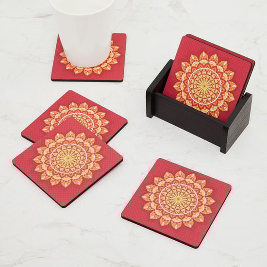 Raisa-Retro Printed Coaster Set - Wood - Coaster 10 cm x 10 cm -Red