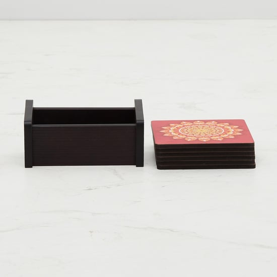 Raisa-Retro Printed Coaster Set - Wood - Coaster 10 cm x 10 cm -Red